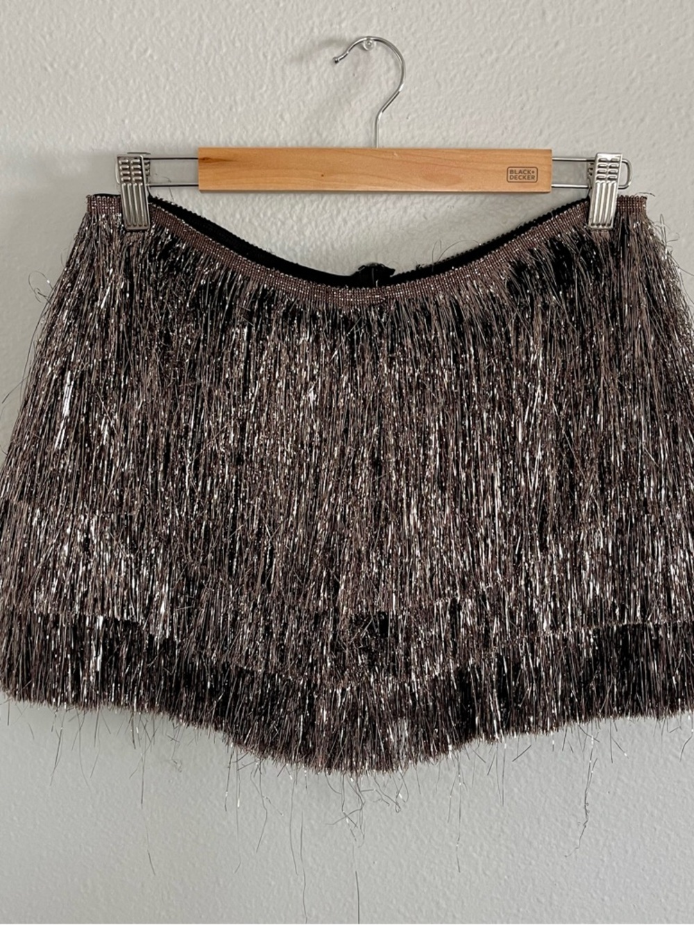 Shimmery Fringe Mini Skirt in Metallic Silver and Black